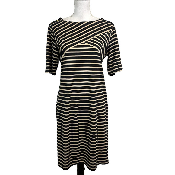 Karen Scott Sport Dress size Medium Black Khaki Striped Stretch Jersey Knee Slim - Picture 1 of 8
